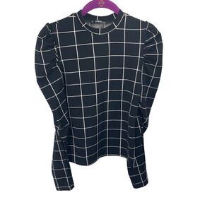 Shein Women's Crew Neck Pullover Plaid Puff Long-sleeves Blouse Size M